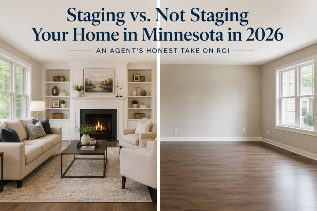 Split image comparing a professionally staged living room with furniture and decor to the same style empty living room, illustrating home staging ROI in Minnesota