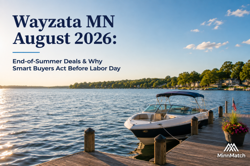 Boat docked on Lake Minnetonka at sunset in Wayzata, MN with text "Wayzata MN August 2026: End-of-Summer Deals & Why Smart Buyers Act Before Labor Day"