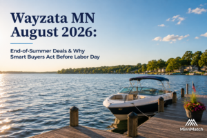 Boat docked on Lake Minnetonka at sunset in Wayzata, MN with text "Wayzata MN August 2026: End-of-Summer Deals & Why Smart Buyers Act Before Labor Day"