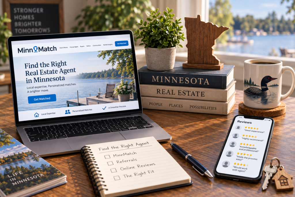 MinnMatch homepage on a laptop next to a notebook checklist comparing MinnMatch, referrals, and online reviews for finding a Minnesota real estate agent