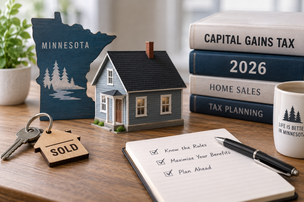 Minnesota home sale checklist with capital gains tax books, a model house, and a "Sold" keychain on a desk