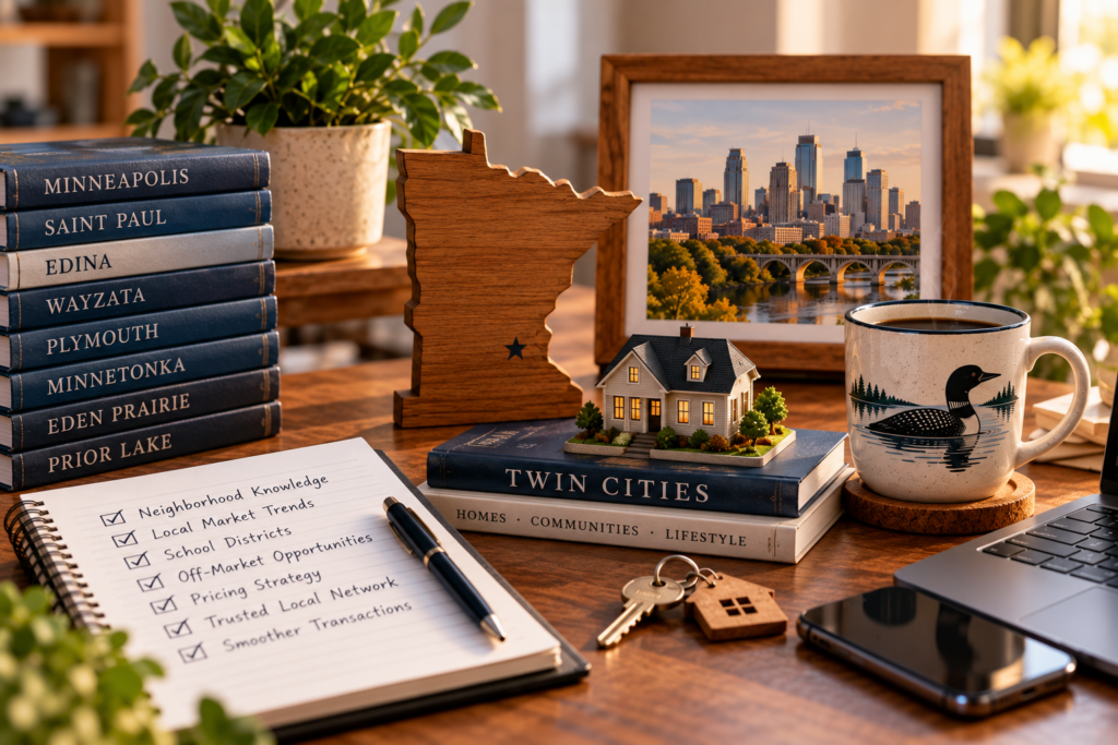 Desk with Twin Cities community books, a wooden Minnesota cutout, model home, and a local real estate agent checklist