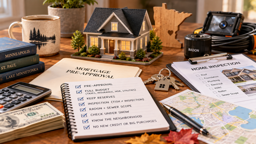 Home buying checklist for Twin Cities buyers with mortgage pre-approval, inspection form, radon test, keys, and Minnesota map
