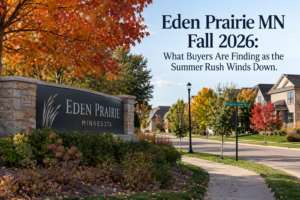 Eden Prairie MN entrance sign in fall with autumn foliage on a neighborhood street
