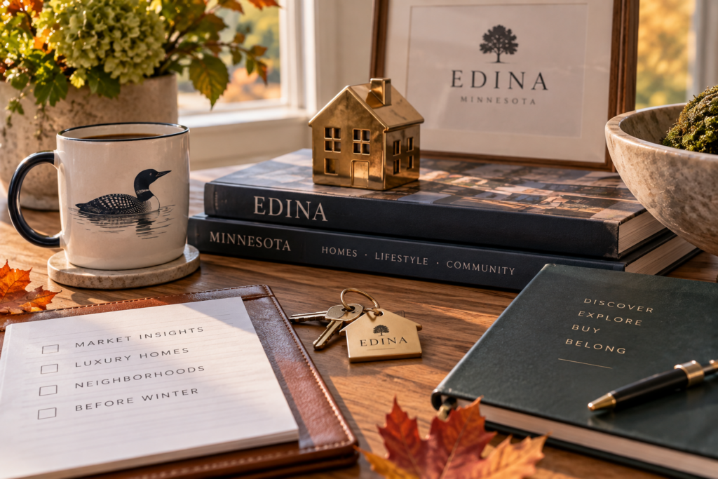 Autumn desk with Edina Minnesota coffee table books, gold house figurine, Edina house keys, and a luxury home checklist