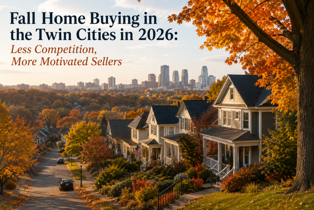 Twin Cities neighborhood in fall with autumn foliage and downtown Minneapolis skyline in the background