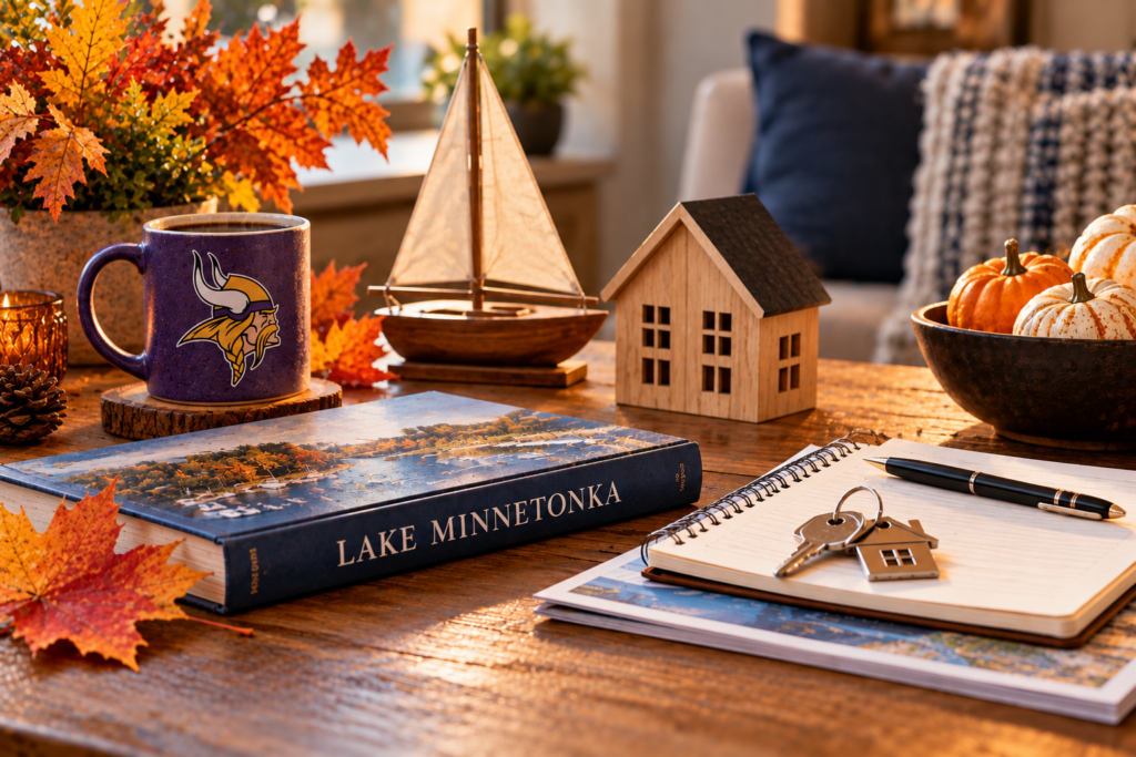 Cozy fall table with a Lake Minnetonka book, house keys, a notebook, a model sailboat, a wooden house, and autumn leaves