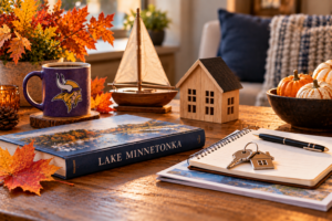 Cozy fall table with a Lake Minnetonka book, house keys, a notebook, a model sailboat, a wooden house, and autumn leaves