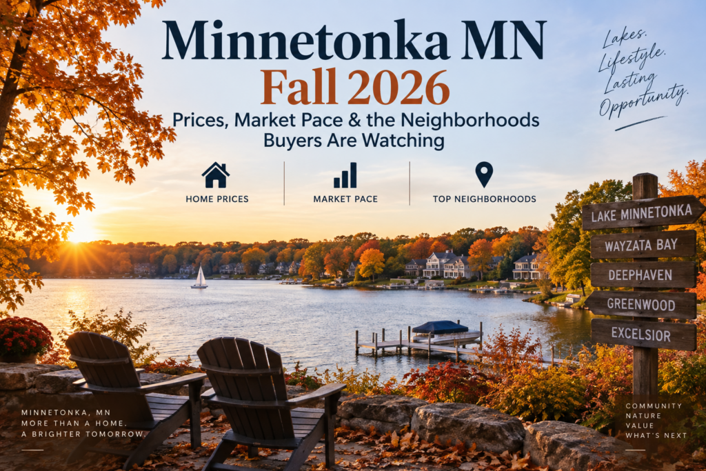 Minnetonka MN fall market 2026 sunset over Lake Minnetonka with autumn foliage and neighborhood signpost