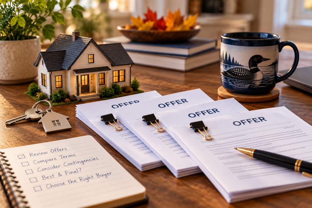 Four home purchase offers on a desk with a model house, keys, a loon mug, and a checklist for handling multiple offers
