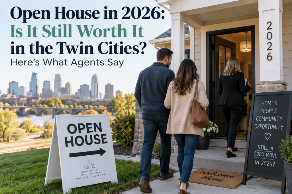Couple following a real estate agent into an open house in the Twin Cities in 2026
