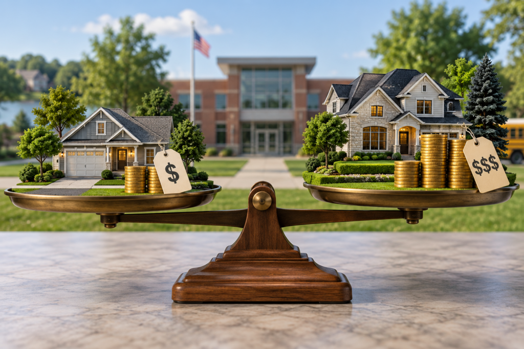 Balance scale weighing a modest suburban home against a larger stone home, with coins and price tags, in front of a school
