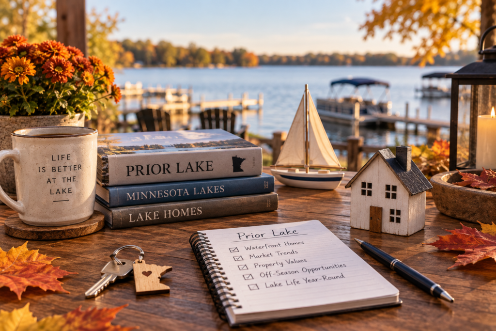 Fall lake home checklist and books on a Prior Lake dock table with a sailboat model and coffee mug