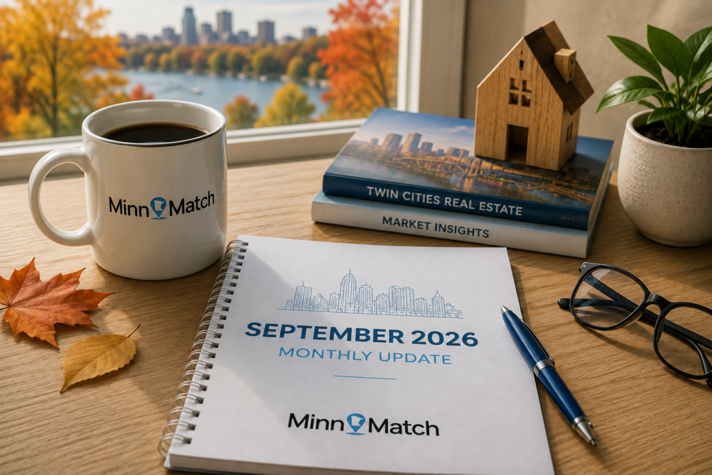 MinnMatch September 2026 Twin Cities real estate market update notebook with fall foliage skyline