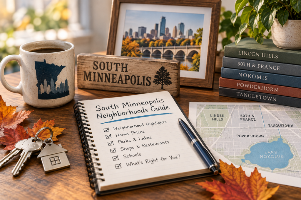 South Minneapolis neighborhoods guide notebook with map of Nokomis, Powderhorn, Linden Hills, and Tangletown