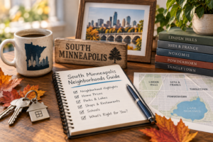 South Minneapolis neighborhoods guide notebook with map of Nokomis, Powderhorn, Linden Hills, and Tangletown