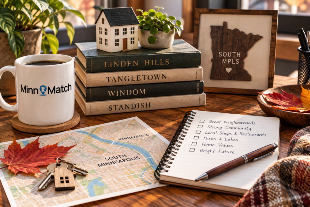 South Minneapolis real estate fall 2026 desk flat lay with neighborhood books, city map, and MinnMatch mug