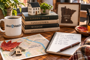 South Minneapolis real estate fall 2026 desk flat lay with neighborhood books, city map, and MinnMatch mug