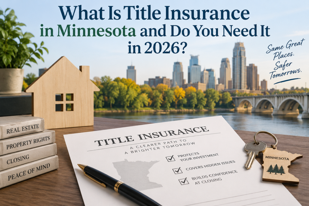 Title insurance in Minnesota guide with Minneapolis skyline, house model, and keys on desk