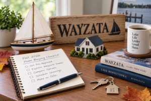 Wayzata fall real estate 2026 desk flat lay with home buying checklist and keys