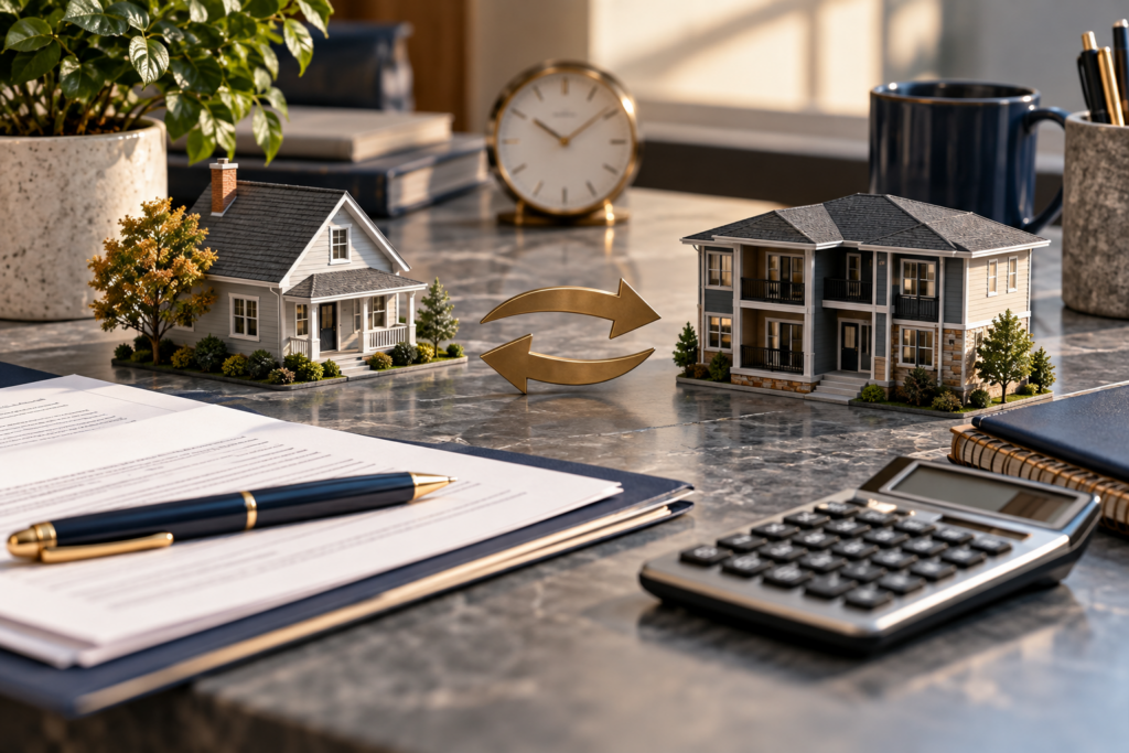 Model single-family home and two-story duplex with gold exchange arrows between them, beside a contract, pen, and calculator