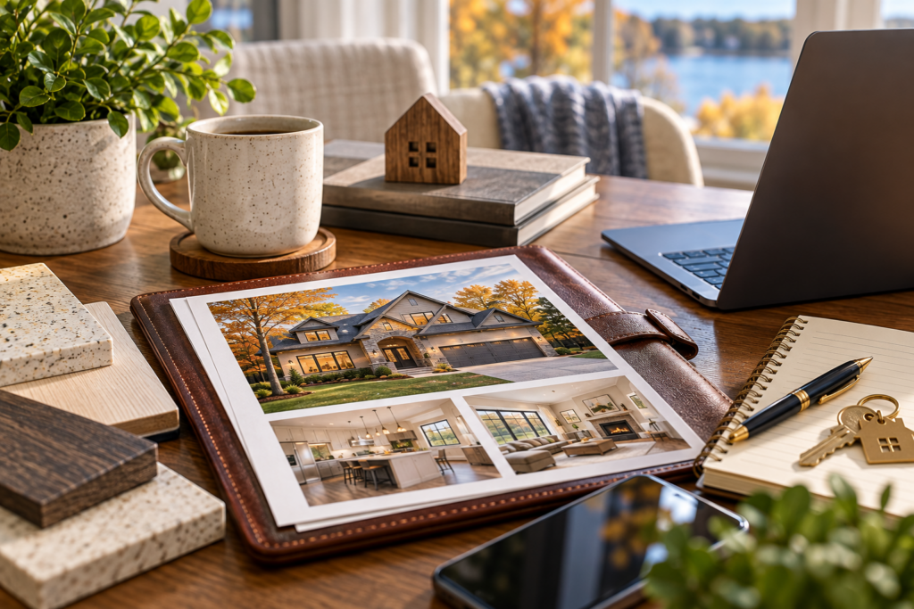 Fall home listing portfolio, keys, and coffee on a lakeside desk — prep work of a great real estate agent in the Twin Cities