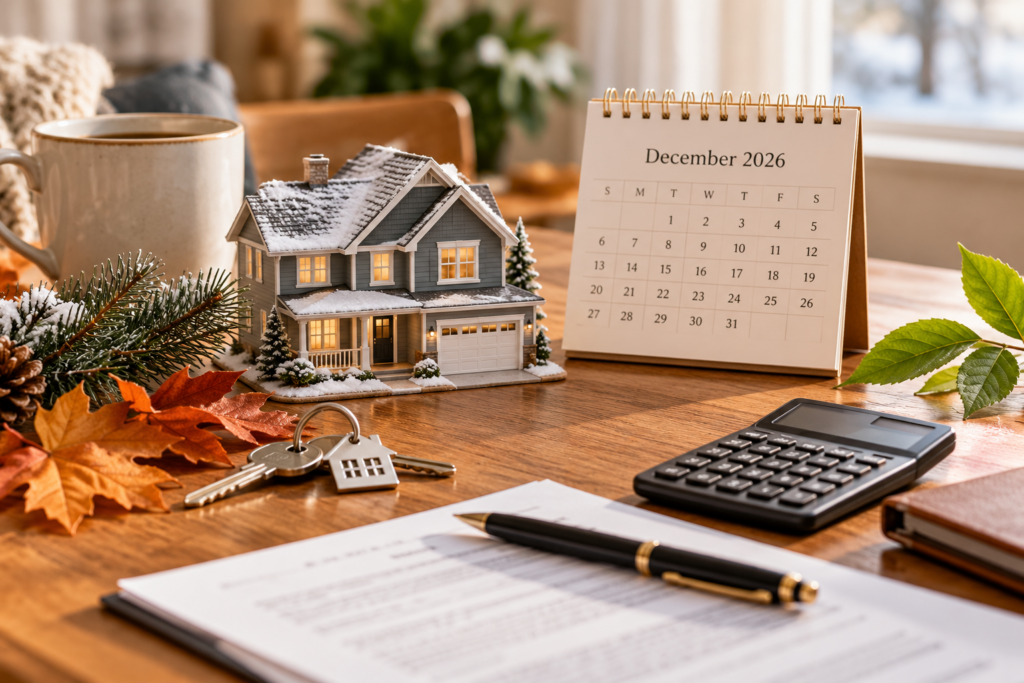 Snow-dusted model house, keys, and a December 2026 calendar on a wooden table, representing a year-end home purchase