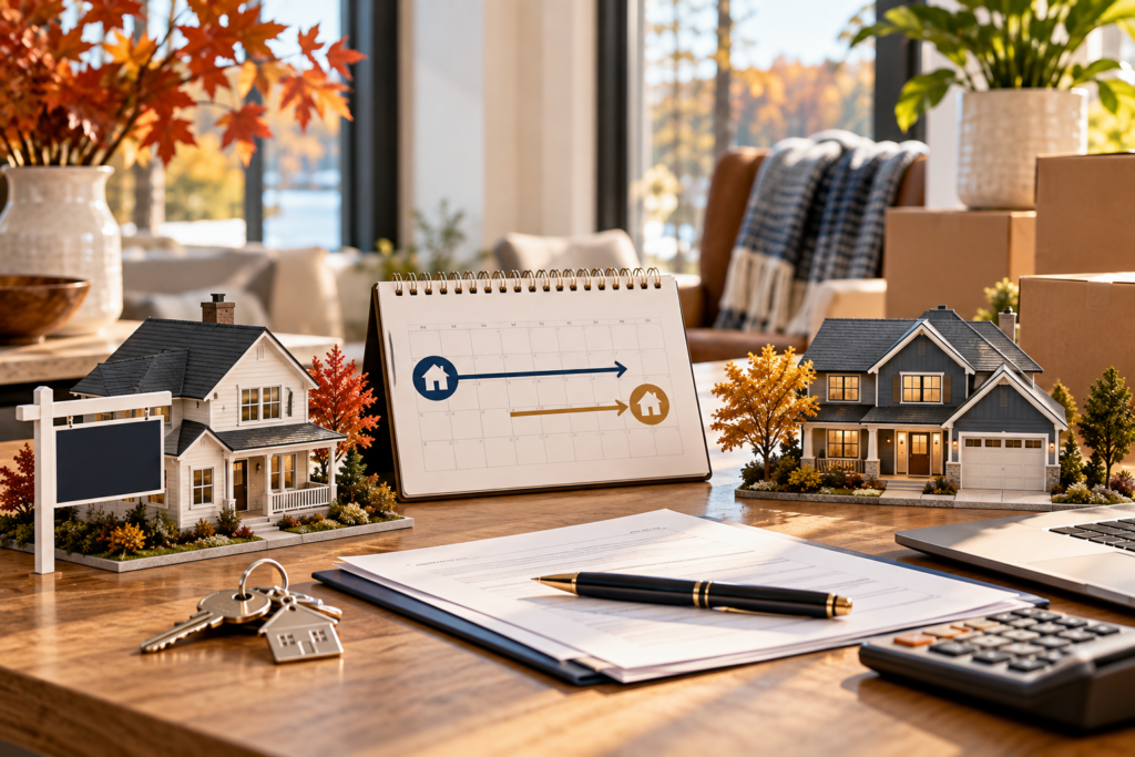 Two model homes with a calendar between them showing arrows from one house to the other, illustrating buying and selling at the same time