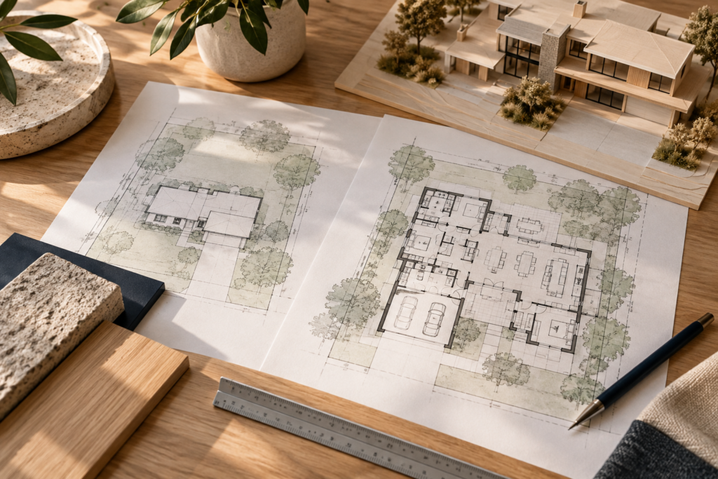 Site plans comparing an existing rambler and a larger new home design on the same tree-lined Edina lot, with an architectural model and material samples