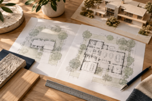 Site plans comparing an existing rambler and a larger new home design on the same tree-lined Edina lot, with an architectural model and material samples