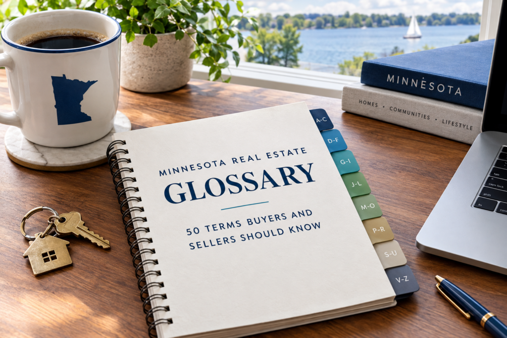 Minnesota real estate glossary notebook on a desk with house keys, a Minnesota coffee mug and a lake view through the window