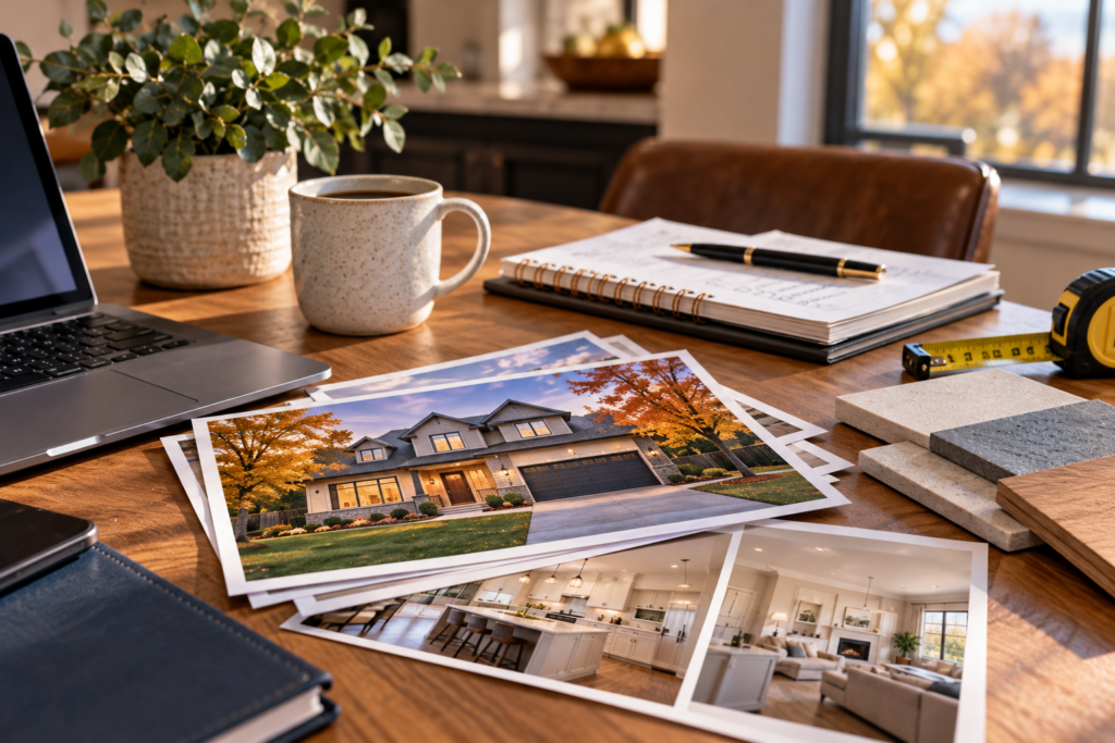 Listing photos of a home with fall trees spread on a table with a notebook, tape measure, and finish samples for a relist