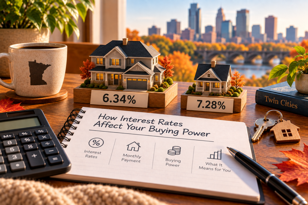 Large model home labeled 6.34% beside a smaller one labeled 7.28% on a desk, with the Minneapolis skyline in fall