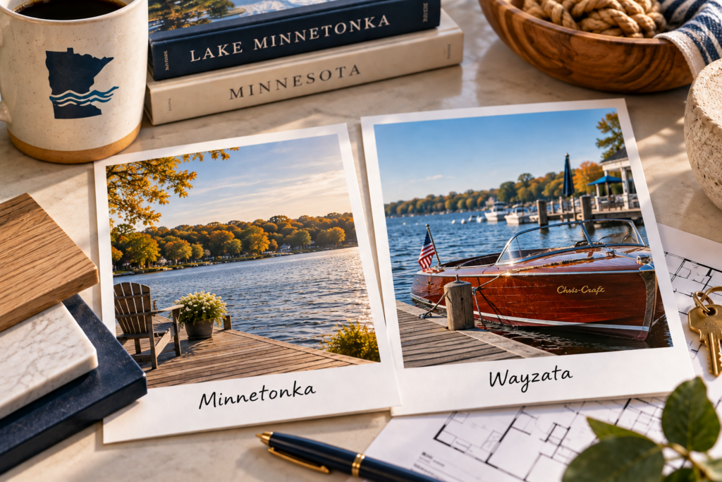 Two photos labeled Minnetonka and Wayzata on a table, showing a lakeside dock in fall and a wooden boat at a Wayzata marina