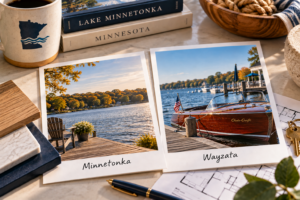 Two photos labeled Minnetonka and Wayzata on a table, showing a lakeside dock in fall and a wooden boat at a Wayzata marina