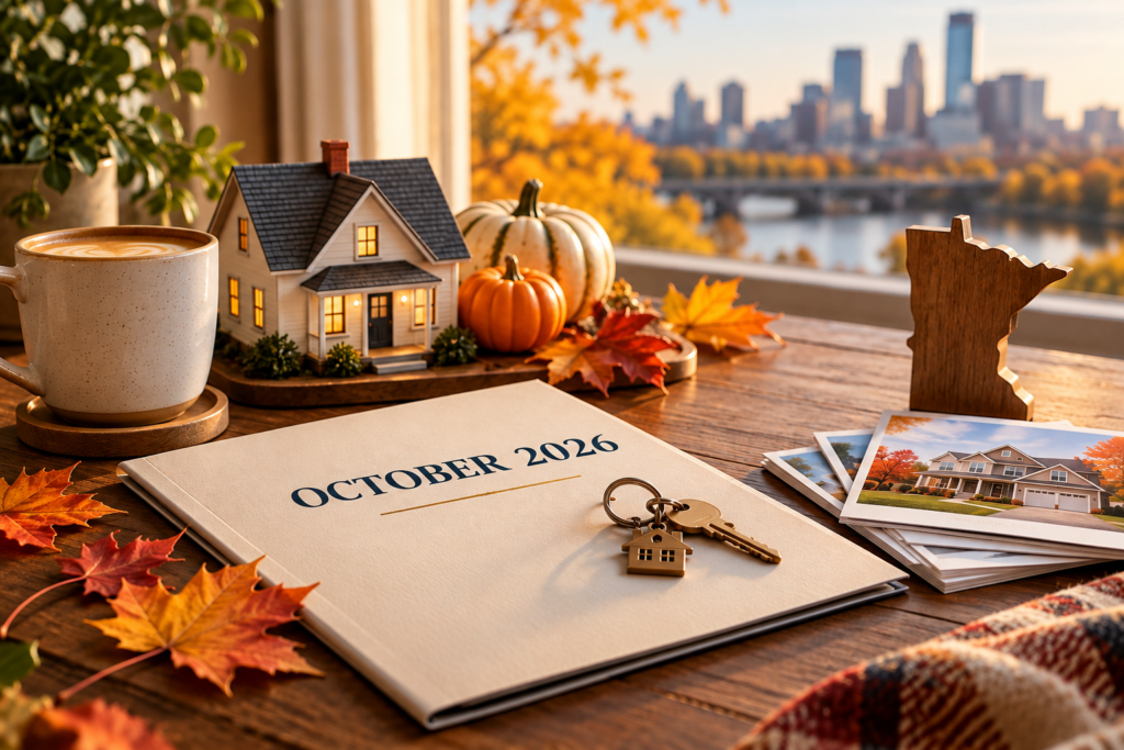 October 2026 report folder with house keys, model home, pumpkins, and fall leaves on a desk facing the Minneapolis skyline