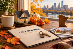 October 2026 report folder with house keys, model home, pumpkins, and fall leaves on a desk facing the Minneapolis skyline