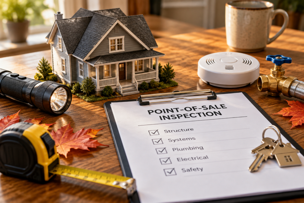 Point-of-sale inspection checklist on a clipboard beside a model house, smoke detector, flashlight, and fall leaves