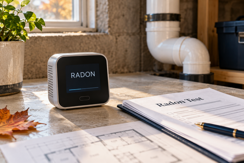 Continuous radon monitor on a Minnesota basement counter beside a radon test report, floor plan, and white mitigation pipe