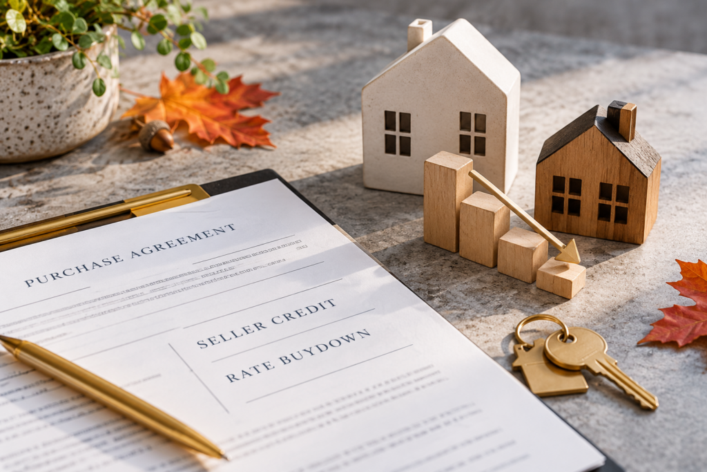 Purchase agreement listing a seller credit and a rate buydown, beside two model houses, descending wooden blocks, house keys and fall leaves