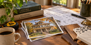 Photo of a green foursquare with a front porch, an older home in South Minneapolis style, beside floor plans and tile samples
