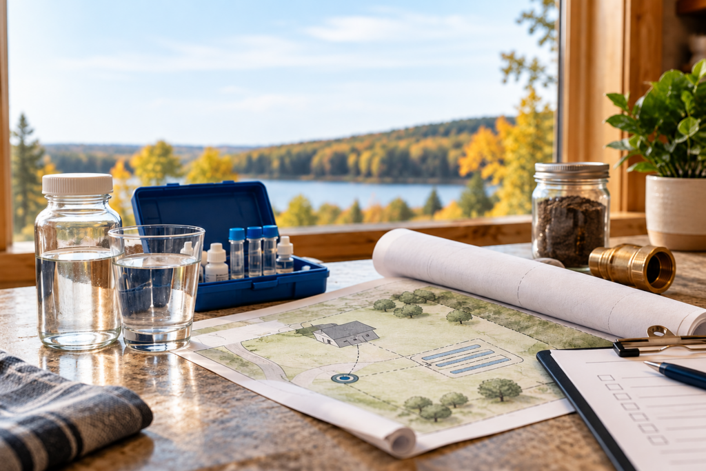 Well water samples, a water test kit and a site plan showing a home’s well and septic drainfield, with a Minnesota lake and fall trees in the background.