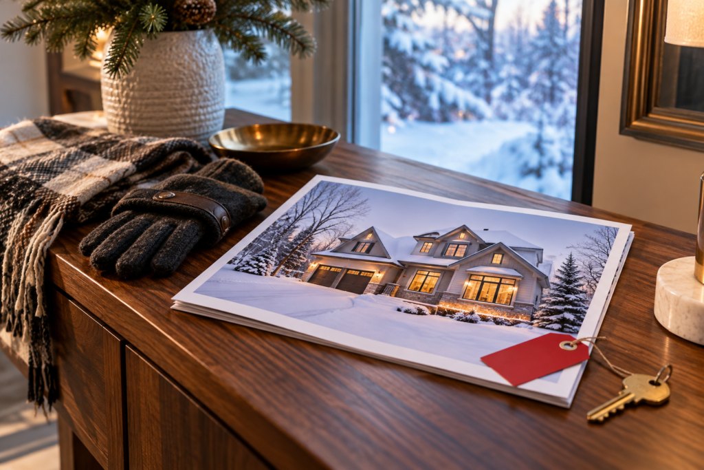 Selling a home in winter: printed listing photo of a snowy Minnesota home on an entryway table with gloves and a key